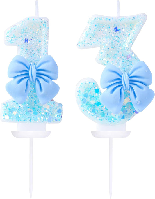 13 Birthday Candles Blue Bow Number 13 Cake Candles, 13th Cake Topper Decorations for Kids Pets Pastel Birthday Party Supplies (Number 13)