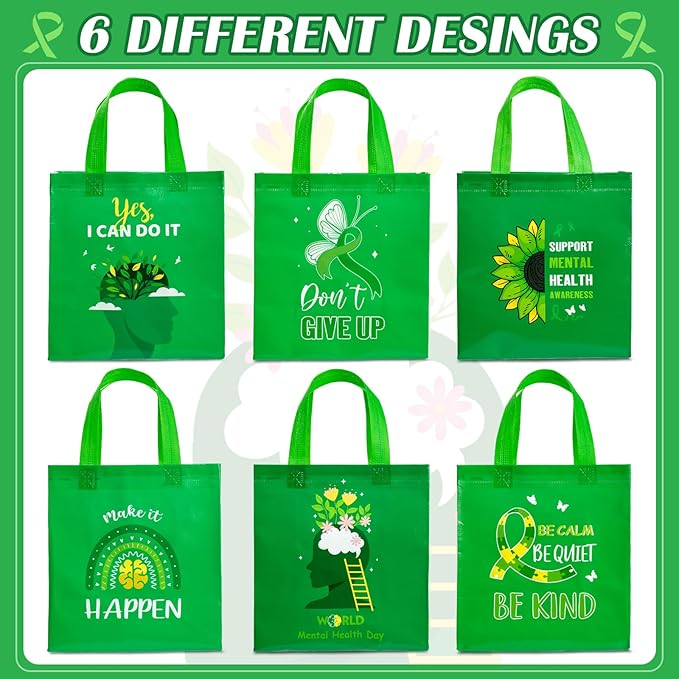 HunnmingRe 30 Pcs Mental Health Awareness Gifts Bags with Handles Green Party Favor Bag Bulk Mental Health Awareness Item Reusable Non Woven Handbags for Public Charity Event Party Supplies, 6 Style