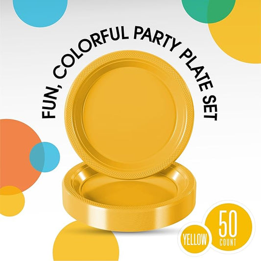 Exquisite Party Solids Yellow Plastic Plates For Party Supplies 7" Yellow Disposable Plates Heavy Duty 50 Pcs Plastic Dinnerware Sets Heavy Duty 350 GSM Disposable Dinnerware Set