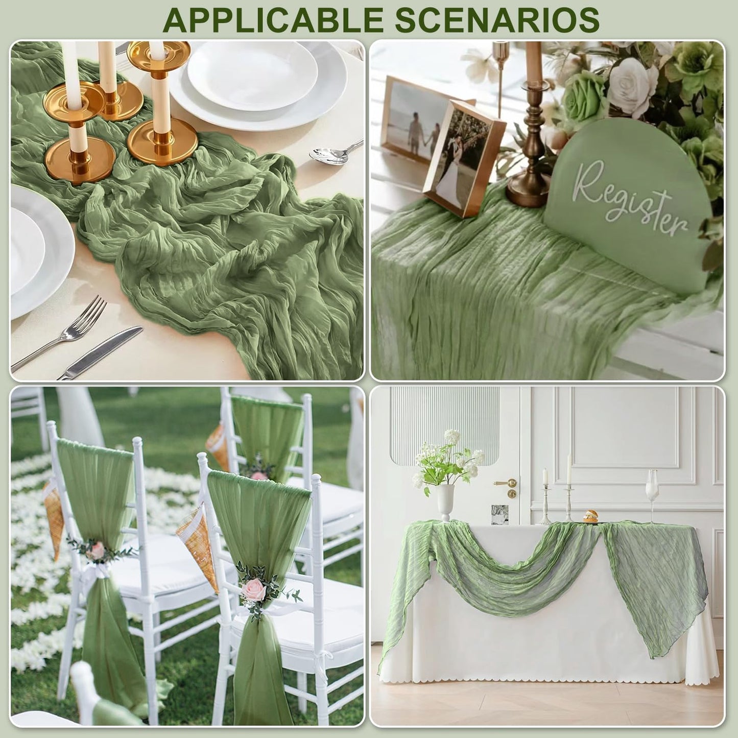 GARIG 6 Sage Green Table Runner for Summer, 10FT Boho Sheer Spring Gauze Cheesecloth Table Runner 35x120Inch for Mother's Day Wedding Party Baby Bridal Shower Birthday Home Decor