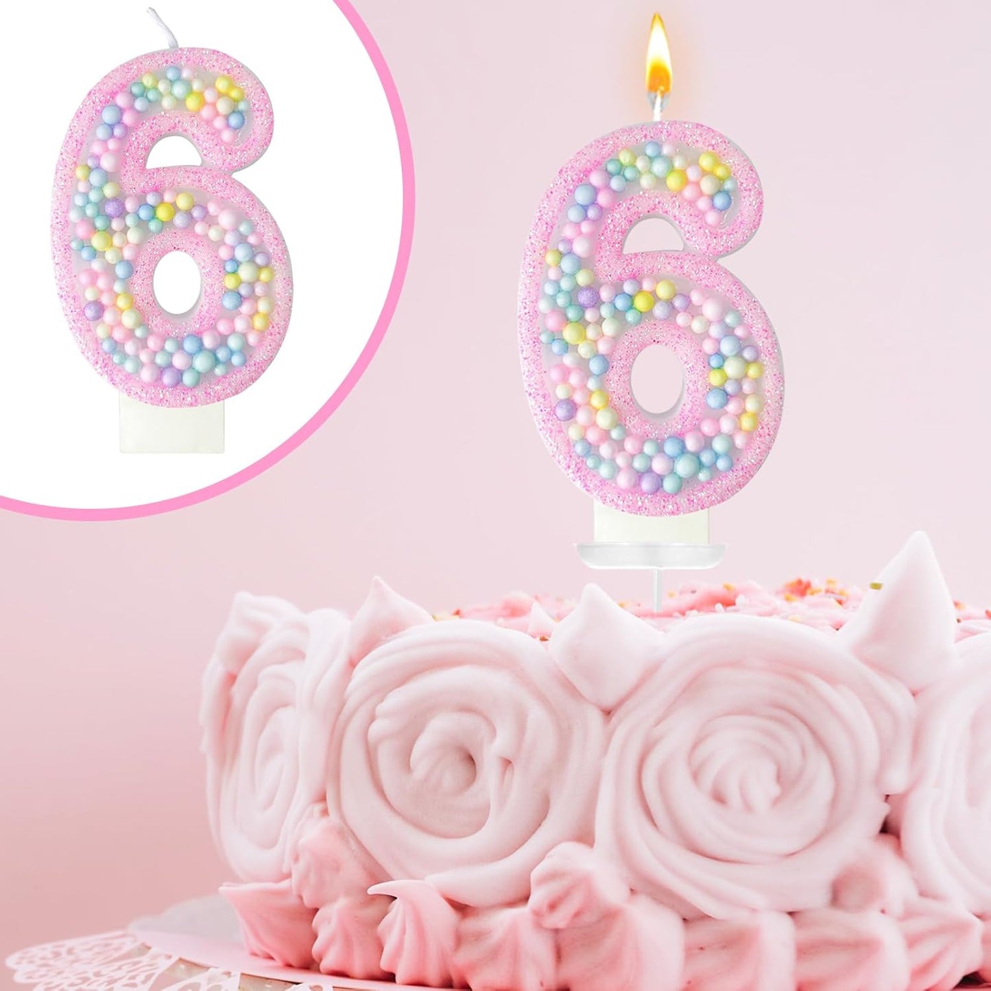 Zlongron Birthday Number Candles, Handmade Macaron 3D Flash Number 6 Candle, Suitable for Girls and Boys' Birthdays, Weddings, Anniversaries, Theme Party Cake Decorations