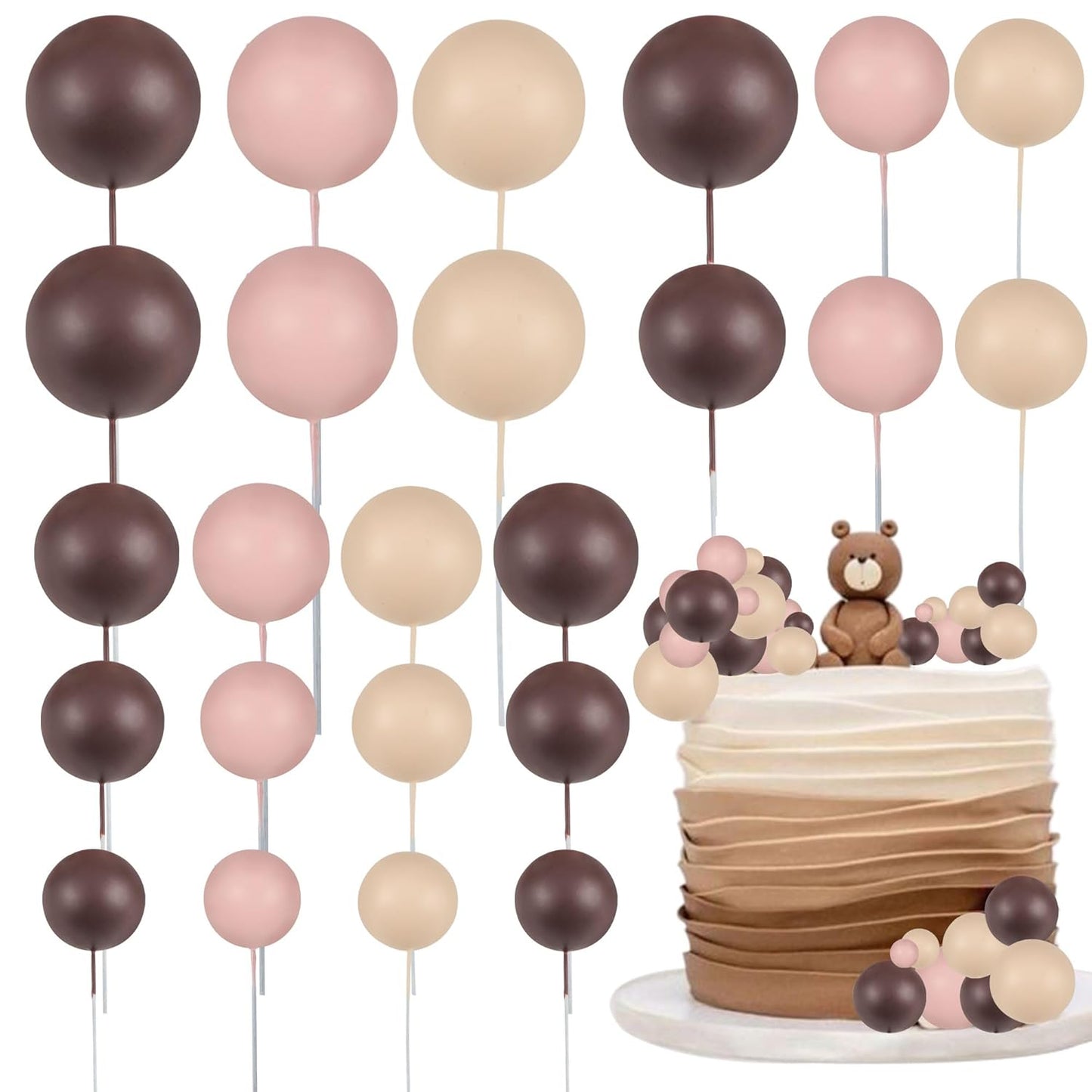 Gyufise 30Pcs Mini Balloon Cake Topper Brown Foam Ball Cake Topper Decorations Faux Pearl Balls DIY Cake Insert Topper Baking Decoration for Wedding Baby Shower Girls Boys Birthday Party Supplies
