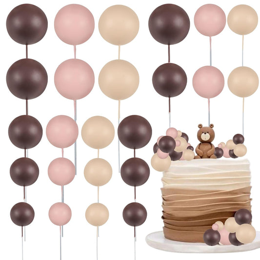 Gyufise 30Pcs Mini Balloon Cake Topper Brown Foam Ball Cake Topper Decorations Faux Pearl Balls DIY Cake Insert Topper Baking Decoration for Wedding Baby Shower Girls Boys Birthday Party Supplies