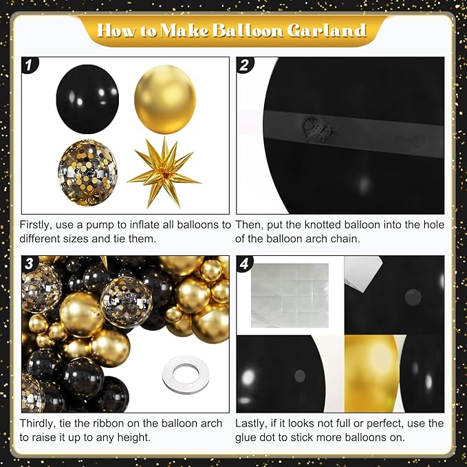Black and Gold Balloon Garland Arch Kit, 140Pcs Black Gold Confetti Balloons with Stars for Birthday Graduation New Year Retirement Anniversary Wedding Engagement Party Decorations