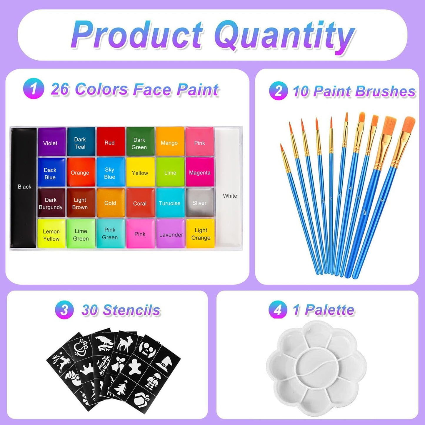 26 Colors Face & Body Paint Palette Kit，Halloween Makeup Kit, face painting kit professional，with 10 Brushes+30 pcs Stickers，Ideal for Halloween Cosplay Party SFX Arty Stage Makeup(26-Colors)