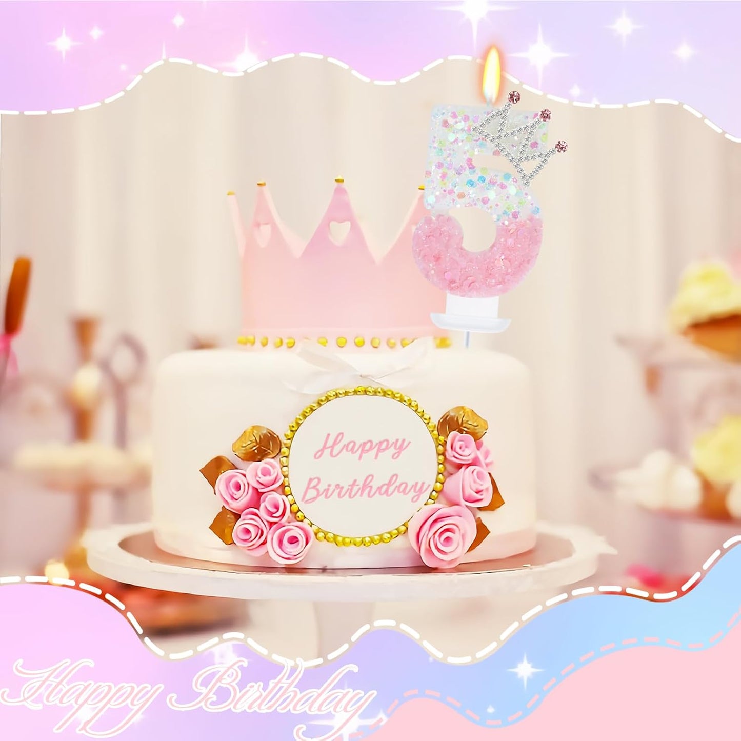 Pink White Number 5 Candle, Glitter Crown Cake Topper, Princess Birthday Party Decorations for Girls and Women Anniversary Celebrations Party Favors