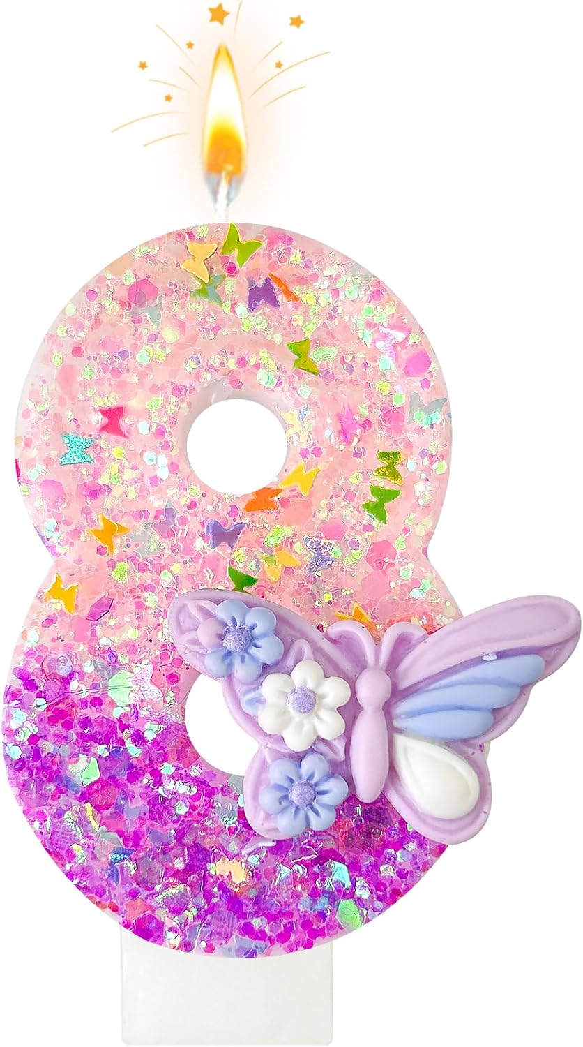HXOUSE Butterfly Number 8 Birthday Candles - Pink & Purple Butterfly Birthday Candles for Cake, 8 Candle Topper for Anniversary Celebrations Supplies, Fairy Party Decorations for Girl (Number 8)