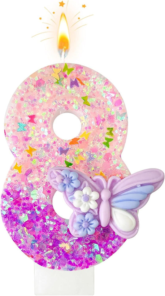 HXOUSE Butterfly Number 8 Birthday Candles - Pink & Purple Butterfly Birthday Candles for Cake, 8 Candle Topper for Anniversary Celebrations Supplies, Fairy Party Decorations for Girl (Number 8)
