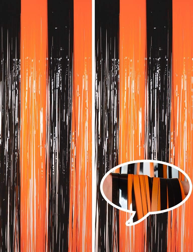 Melsan Halloween Decorations Tinsel Backdrop Foil Fringe Curtains, 3.2 ft x 8.2 ft Black Orange Metallic Foil Curtains for Halloween Party Photo Booth Props Decorations, 2 Pack