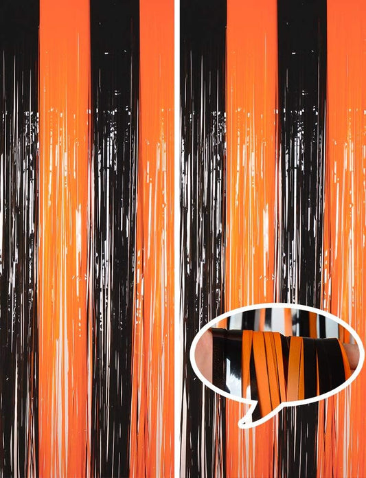 Melsan Halloween Decorations Tinsel Backdrop Foil Fringe Curtains, 3.2 ft x 8.2 ft Black Orange Metallic Foil Curtains for Halloween Party Photo Booth Props Decorations, 2 Pack