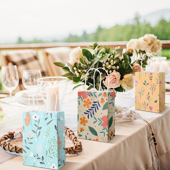 Kolldenn 36 Pcs Floral Gift Bags Watercolor Tea Party Treat Goodie Bags Women with Handles Thank You Birthday Candy Treat Engagement Party Supplies, 8.3 x 5.9 x 3.1 Inches(Chic)