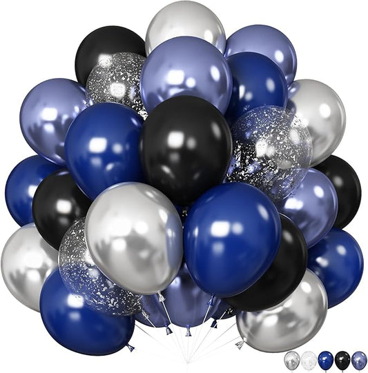Black Blue Silver Balloons 12 Inch Graduation Balloon Navy Royal Blue Metallic Silver Black Party Balloons Confetti Balloon for Kids Grad Class of 2025 Decor Birthday Space Wedding