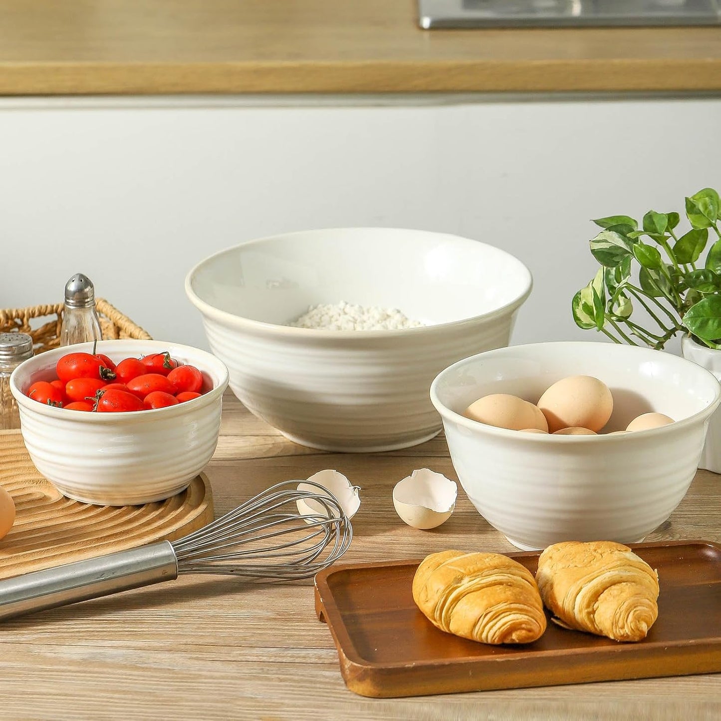 Hasense Mixing Bowls, Ceramic Serving Dishes for Cooking, Baking, Prepping, Nesting Bowls for Salads, Fruit, Popcorn, 2.1/1.5/1.0 Qt, Dishwasher & Microwave Safe, Clay-Infused White