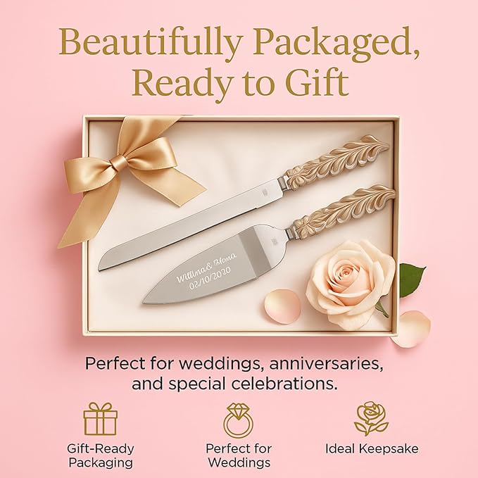 GIFTS INFINITY Personalized Wedding Cake Knife and Server Set with Engraving – Cake Cutting Utensil Set, Keepsake Gift for Wedding, Anniversary, Reception, Birthday & Other Occasions (BO-101)