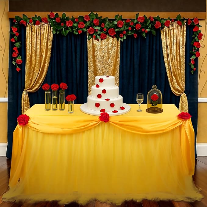 Rose Beauty Princess Party Tablecloth Golden Yellow Tulle Table Skirt 30 x 108 Inch Rose Beauty Cartoon Themed Tables Cover for Princess Birthday Party Decor Supplies