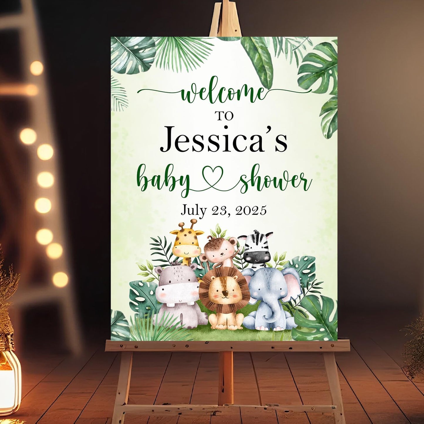 Custom Name Baby Shower Sign, Rustic Welcome Sign, Safari Animals, Gender Neutral, 12x18 inches, Plastic
