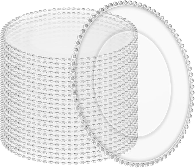 24 Pack Clear Charger Plates Bulk Wedding, 13 Inch Plastic Round Dinner Chargers with Silver Beaded Rim, Acrylic Round Decorative Plates for Wedding Party Home and Tabletop Decor (Silver)