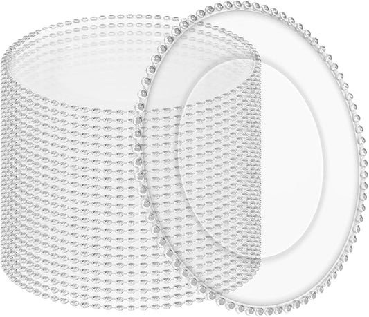 24 Pack Clear Charger Plates Bulk Wedding, 13 Inch Plastic Round Dinner Chargers with Silver Beaded Rim, Acrylic Round Decorative Plates for Wedding Party Home and Tabletop Decor (Silver)