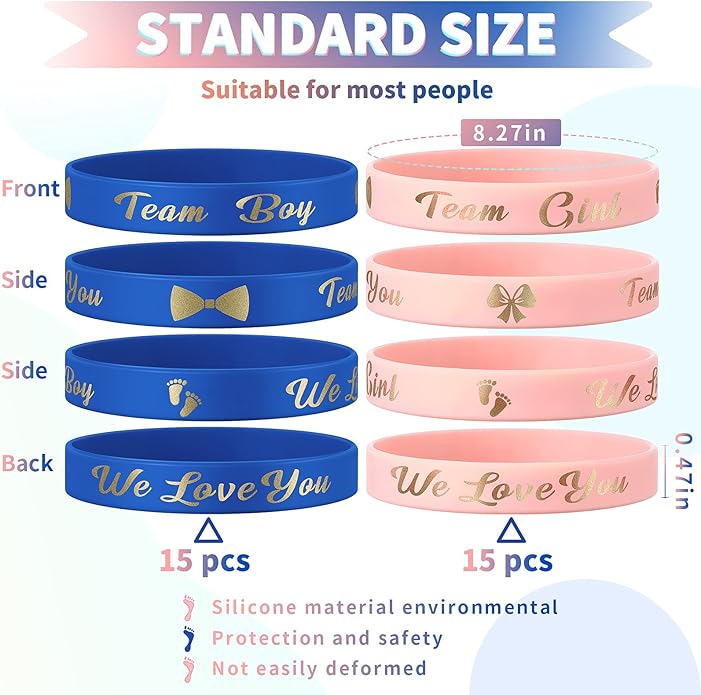 Jetec 60 Pieces Gender Reveal Bracelets, Team Boy Silicone Wristbands and Team Girl Rubber Bracelets for Gender Reveal Ideas Party Supplies Decorations