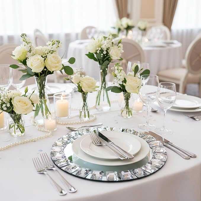 Suclain 12 Pcs Mirrored Glass Charger Plates 13 Inch Silver Mirror Plates Round Chargers for Dinner with Diamond Rim Settings for Wedding Birthday Party Events (Square Diamond Rim)