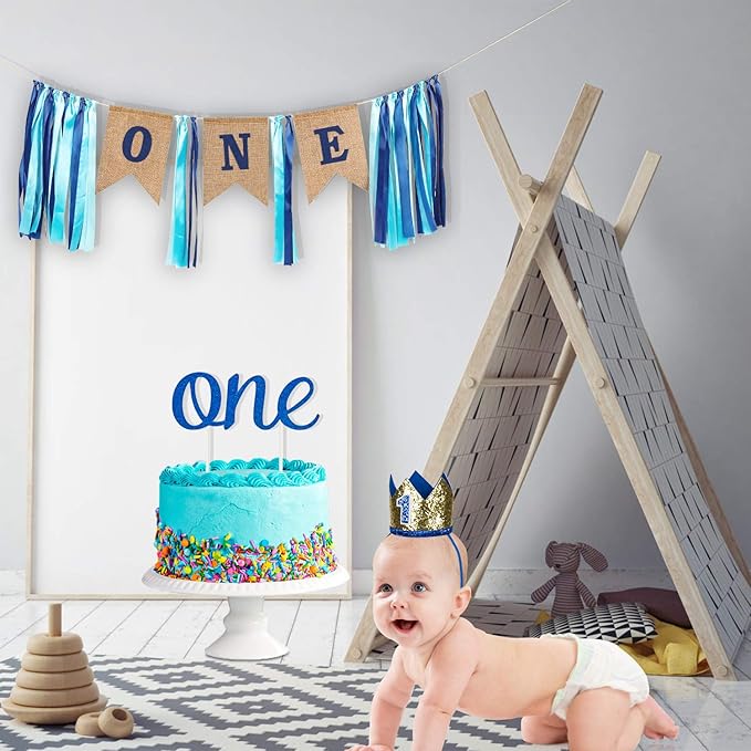 1st Birthday Boy Decorations with Burlap Highchair Banner, Cake Topper, Blue Hat Crown for Happy First Birthday Party Decoration Supplies