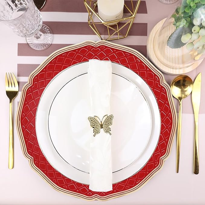 Red Scallop Charger Plates, Set of 6 Plastic Wedding Bulk Plate Charges for Dinner Plates, Table Decoration, Holiday, Thanksgiving, Christmas.