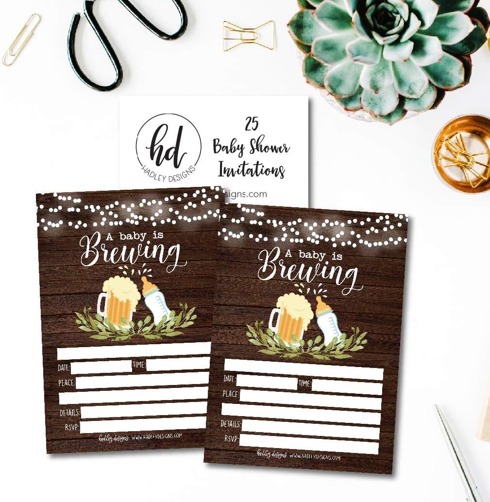 Hadley Designs 25 Brewing Baby Shower Invitations, Coed Sprinkle Invite for boy or girl, Gender Neutral Reveal, Cute Printed Fill or Write In Blank Printable Card, Beer Vintage Bottle Twin Party