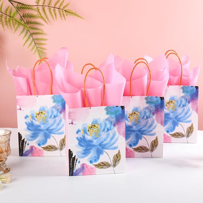 24 Pack Mini Watercolor Floral Paper Gift Bags Small Pink Party Favor Bags with Handles and Tissue Paper for Wedddings, Bridal Baby Showers, Birthdays, Valentines, Mother's Day, 6.5x5.5x3 Inch