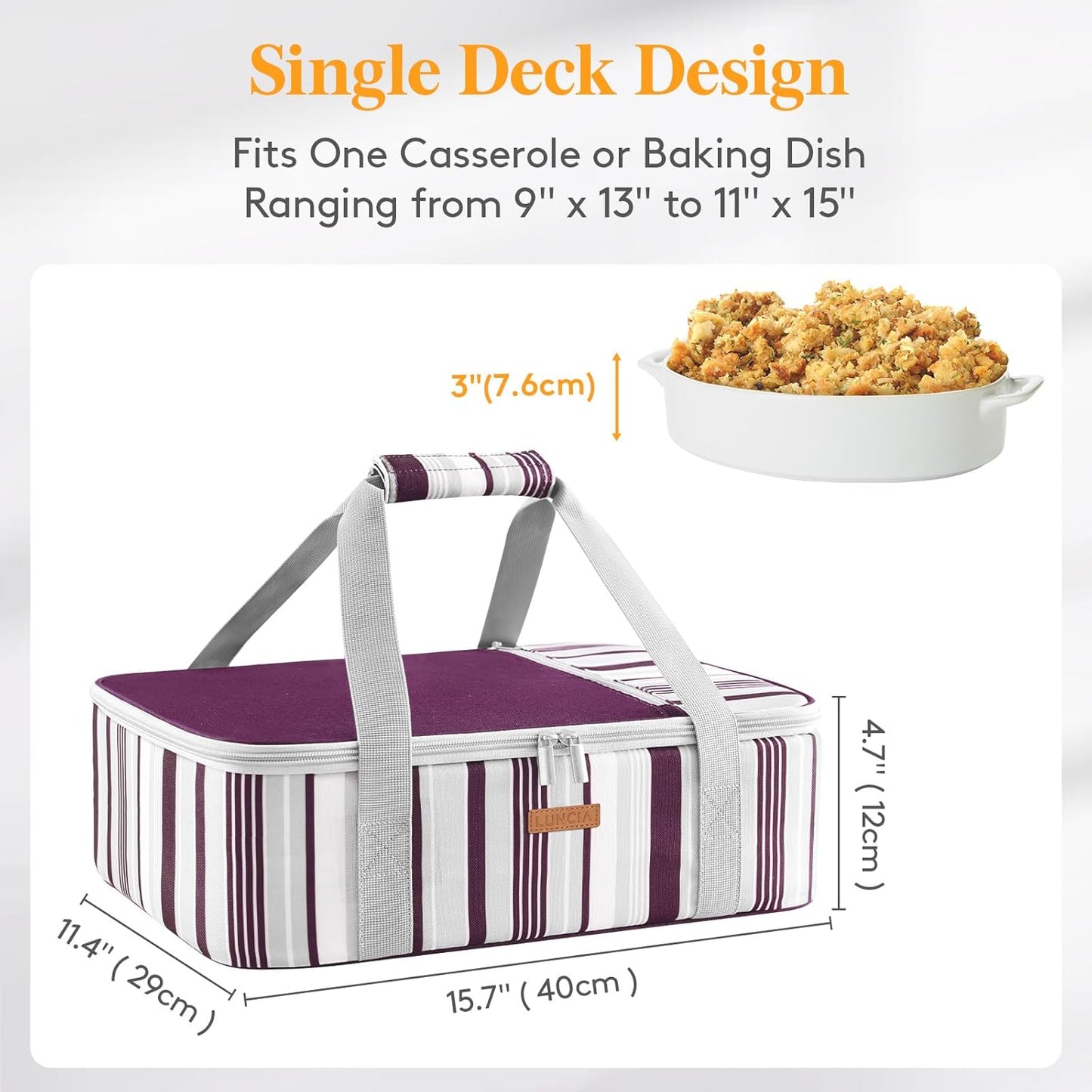 LUNCIA Insulated Casserole Carrier for Hot or Cold Food, Lasagna Lugger Tote for Potluck Parties/Picnic/Cookouts, Fits 9"×13" Baking Dish, Purple