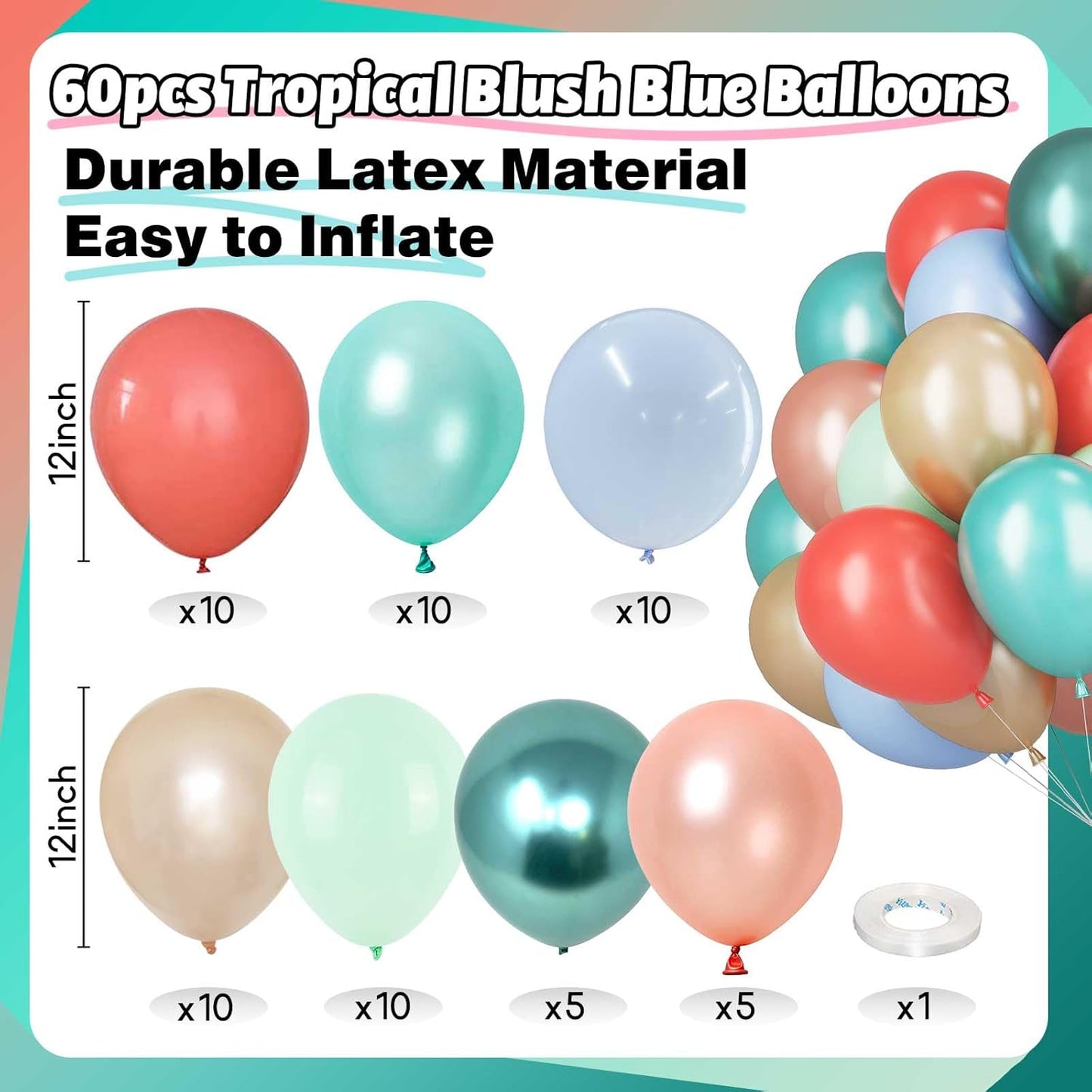 Tropical Balloons Rose Gold Blush Blue Balloons for Hawaii Luau Party Decorations 60pcs 12inch Peal Teal Green Blue Champagne Helium Latex Balloon Magic Birthday Flamingo Summer Baby Shower Decor
