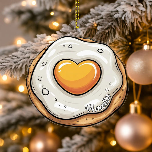 Personalized Heart Fried Egg Ornament, Custom Funny Christmas Ornament, Breakfast Lover Gift, Cooking Holiday Decoration, Unique Foodie Keepsake Acrylic Ornament – Personalized