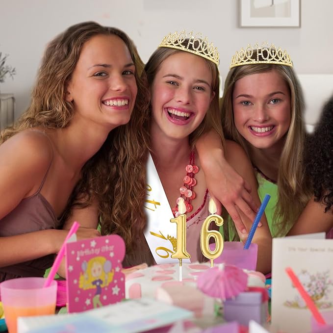 Sweet 16 Party Decorations for Girls with Sweet 16 Sash White, Rhinestone 16th Birthday Tiara, 16 Candles Gold, 16th Birthday Gifts for Girls Gold White Set