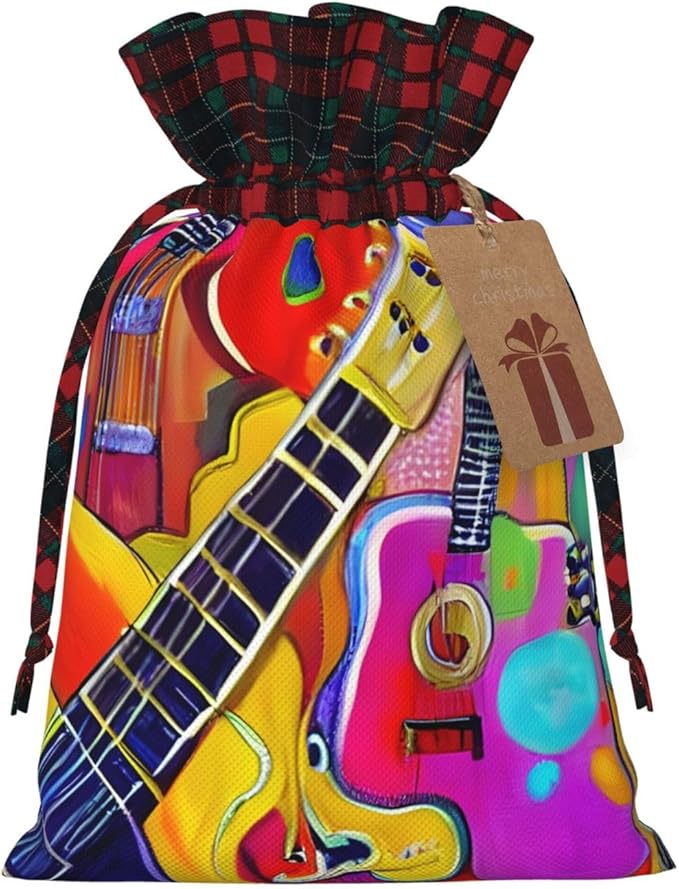 PULaif Color Acoustic And Guitars Christmas Drawstring Gift Bags, Large Size Christmas Bags For Gifts Party Favors, Xmas Gift Bags