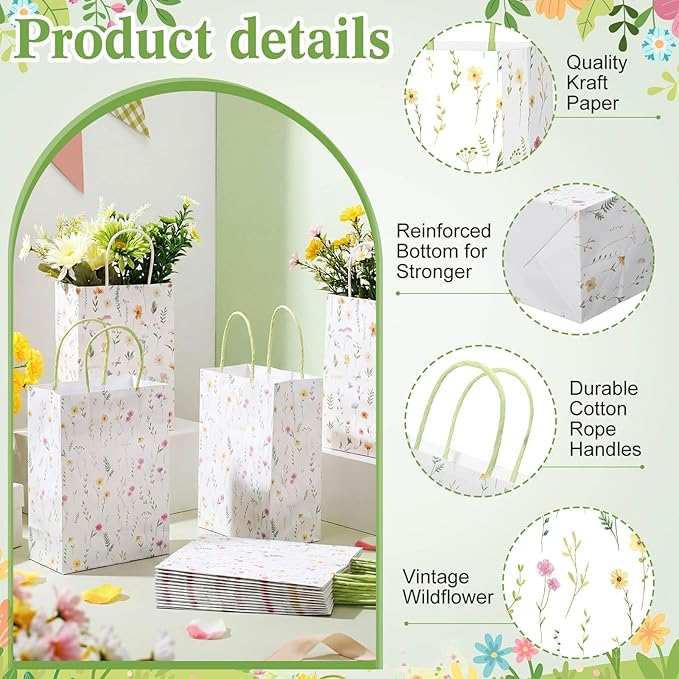Marspark 24 Pcs Spring Wildflower Paper Gift Bags for Wedding Bridal Baby Shower Engagement Birthday Party Supplies Floral Treat Bag with Handles Candy Goodie Bags for Guests
