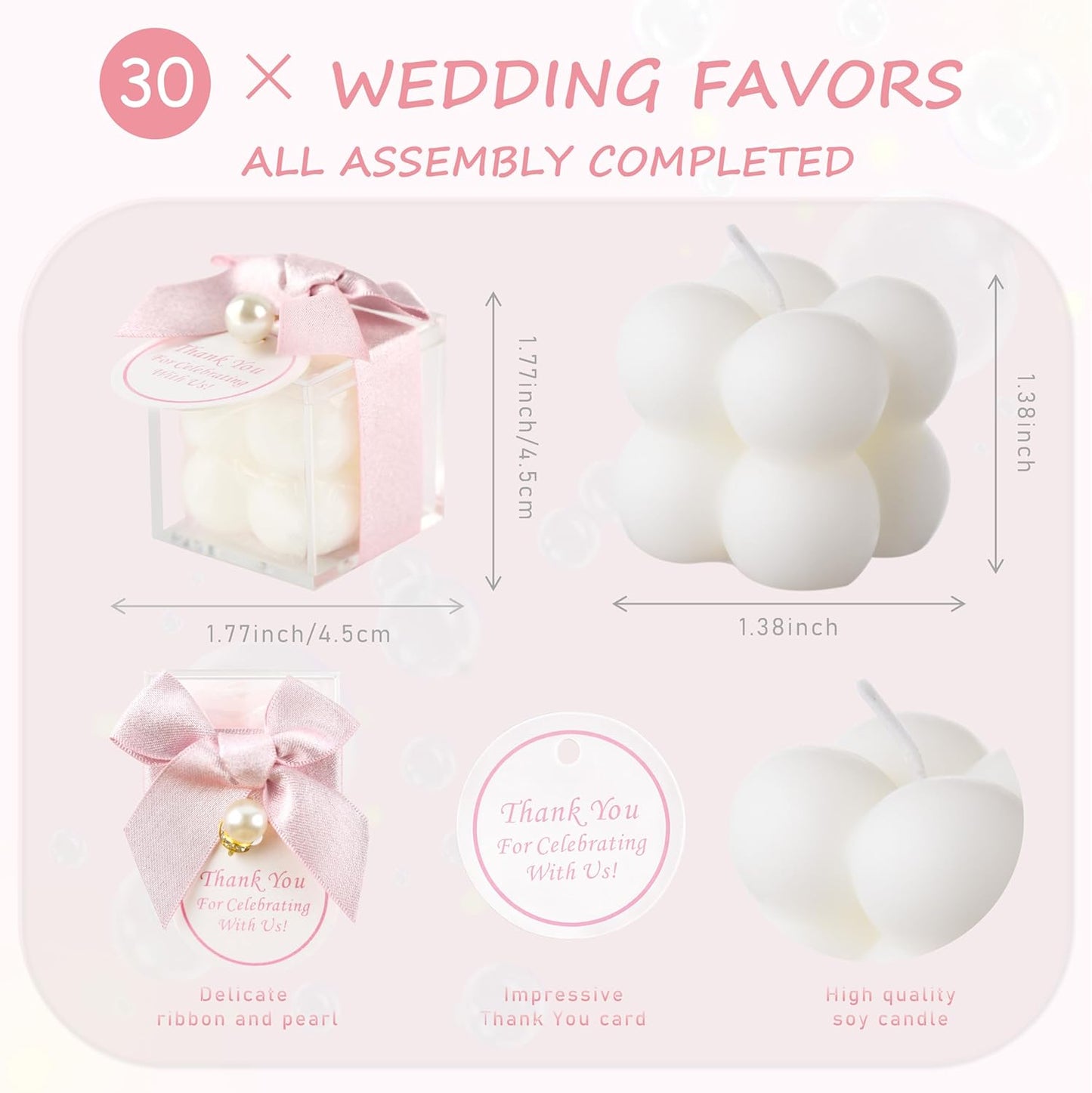 ACITHGL 30 Sets Small Bubble Candle Wedding Candles Favors for Guests Bulk Bridal Shower Favors Candles with Stylish Ribbons Thank You Cards Gifts (Shimmering Pink)