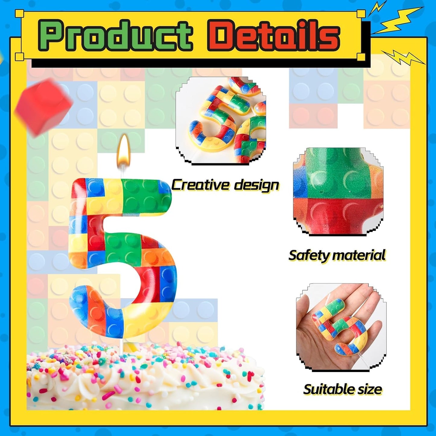 Building Block Themed Birthday Candle Number 5 Candle Birthday Party Decoration Cake Topper for Building Block Party Decoration Theme Parties Supplies (Number 5)