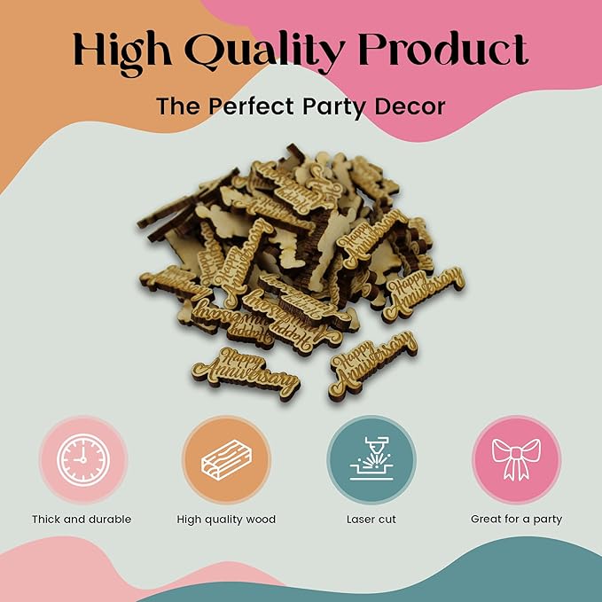 Confetti - Engraved Wood - Rustic Wooden Wedding Decor Party Table Scatter Decorations (Happy Anniversary)