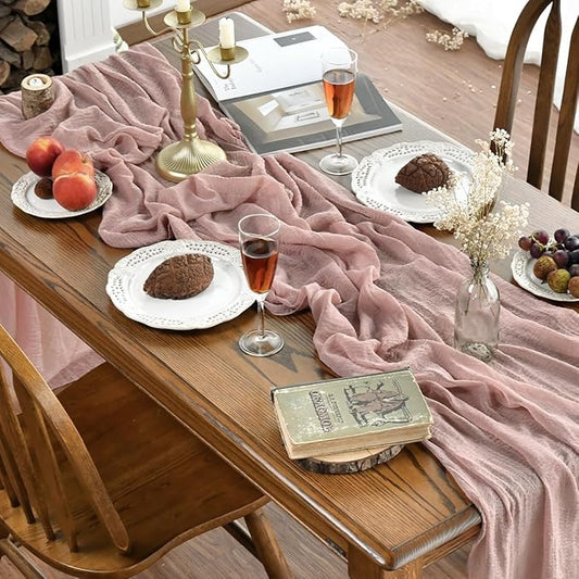 Artoid Mode Boho Cheesecloth Gauze Dusty Pink Wedding Table Runner, 160 Inch Seasonal Fabric Kitchen Dining Holiday Table Decor for Home Party Indoor