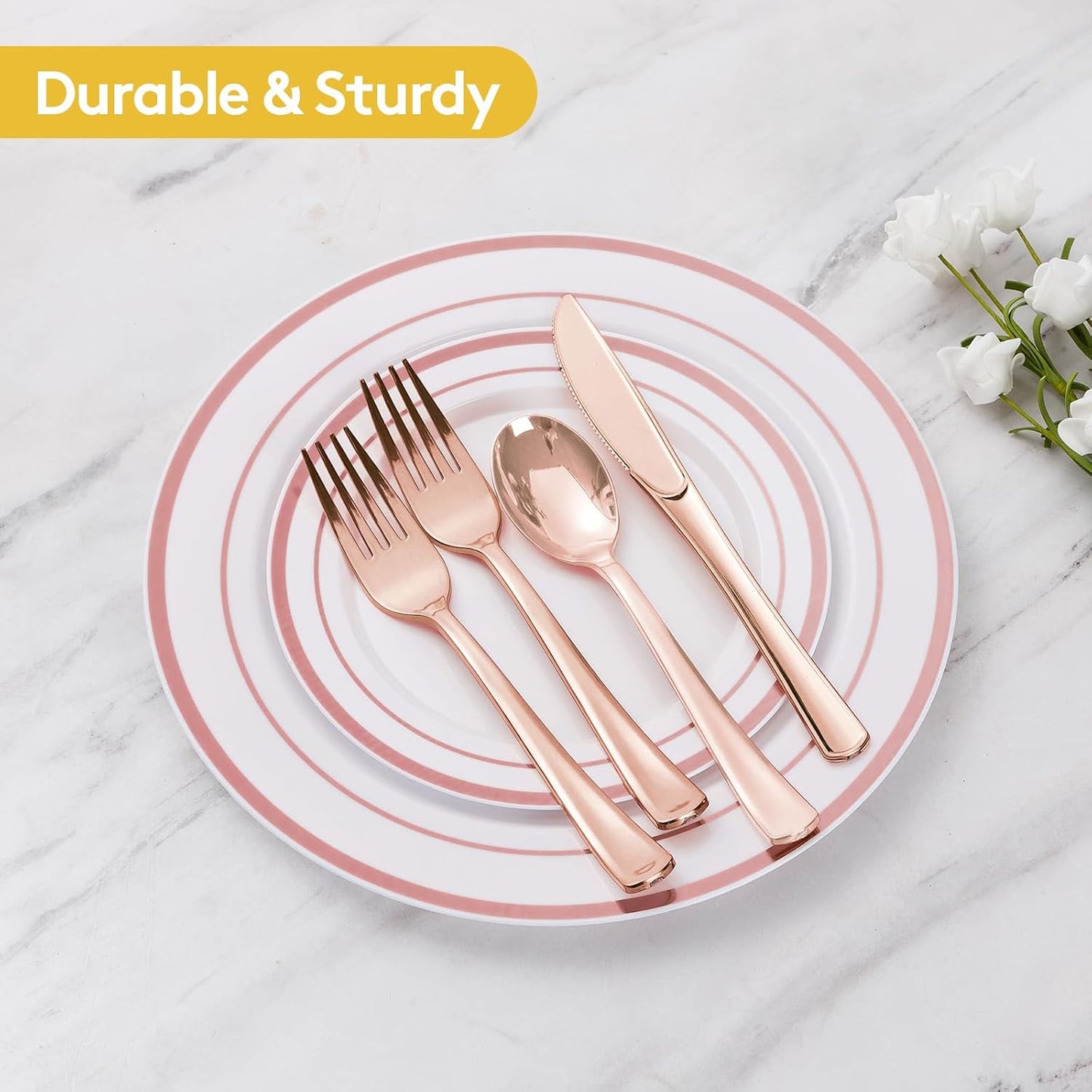 Goodluck 300 Pieces Rose Gold Disposable Plates for 50 Guests, Plastic Plates for Party, Wedding, Dinnerware Set of 50 Dinner Plate, 50 Salad Plates, 50 Spoons, 50 Forks, 50 Knives, 50 Cups
