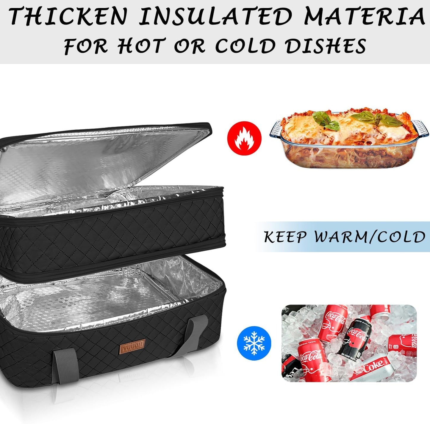 Vuudh Quilted Double Decker Casserole Carrier - Expandable Dish Carrying Case for Hot or Cold Food, Lasagna Holder for Potluck Parties, Picnic, Beach, Fits 9"×13" Baking Dish (Black)