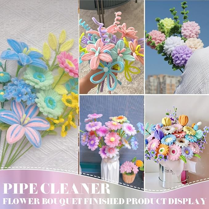 720 Pieces Pipe Cleaners Flower Set, 700 Flower Corlor Chenille Stems Whith 20 Pcs Stems, Craft Supplies Bulk for DIY Art and Craft Projects Creative Gift Wrapping Party Decorations(7 Colors)