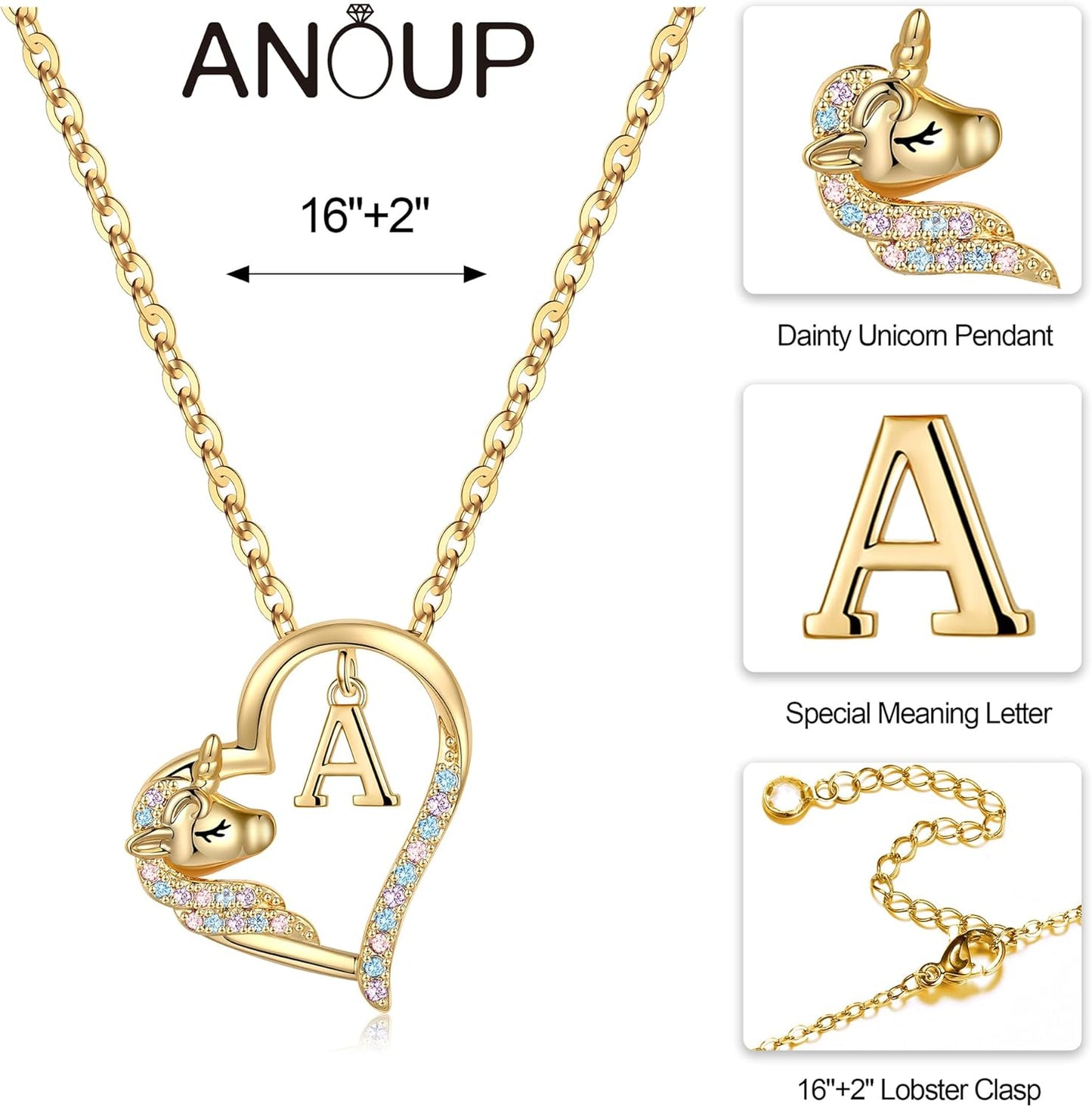Anoup Unicorn Gifts for Girls Necklace - Colorful CZ Heart Pendant A-Z Initial Necklaces Cute Unicorns Jewelry Birthday Gift for Girl