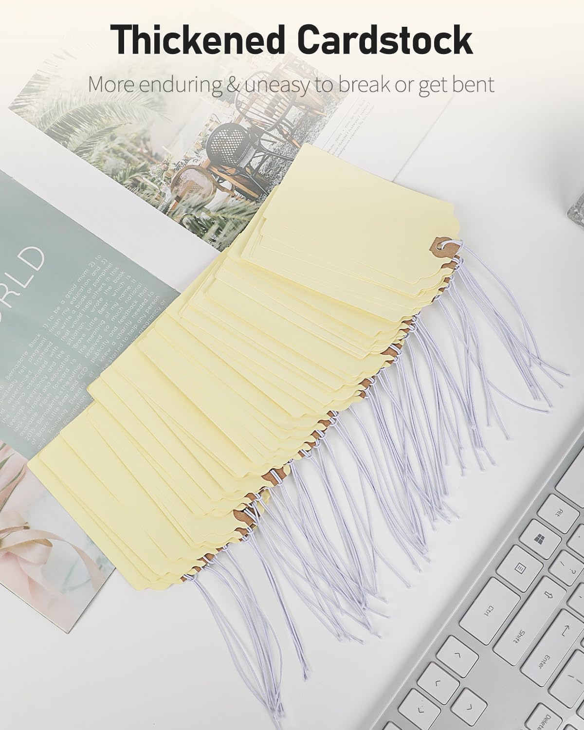 Uniclife 72 Pcs Blank Shipping Tags with Elastic String Attached Cardstock Paper Hang Tags with Reinforced Eyelet Large Marking Tags Price Tags Inventory Label Tags, Beige (4.7" x 2.36")