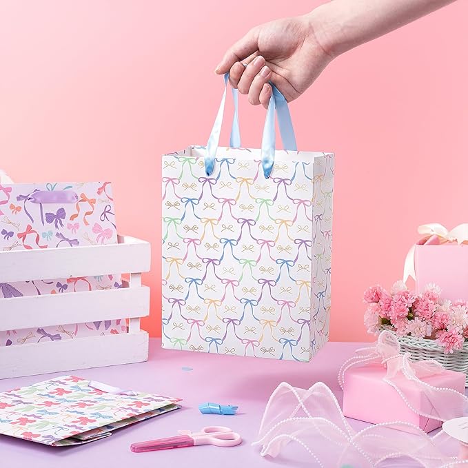 Loveinside Medium Size Gift Bags, Colorful Bow Pattern Gift Bag with Tissue Paper for Shopping, Parties, Wedding, Baby Shower, Craft-4 Pack, 7" X 4" X 9"