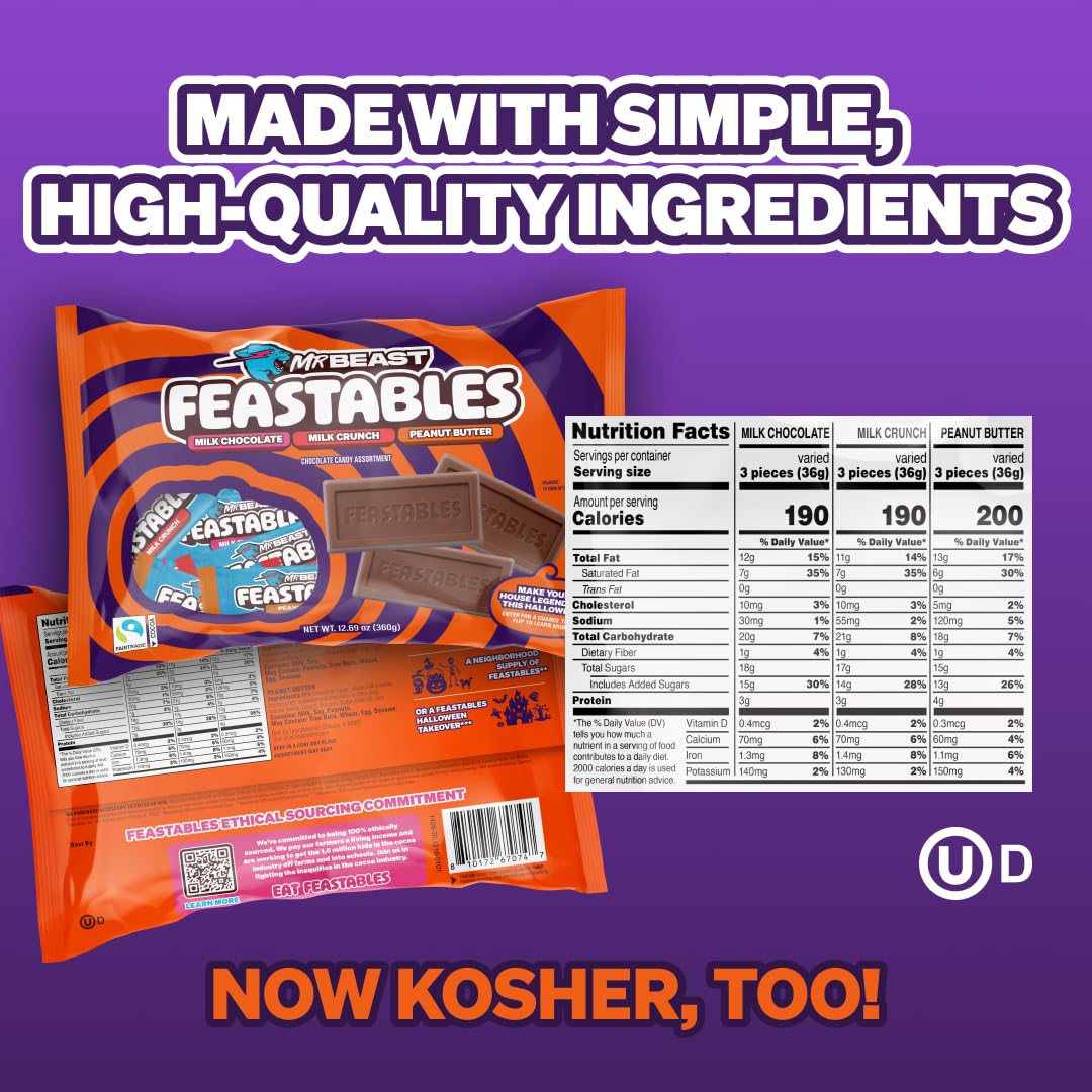 Feastables Mrbeast Halloween Candy Variety Pack With Milk Chocolate, Peanut Butter, & Milk Crunch Mini Bars, Trick or Treat Chocolate Bar Snacks or Party Favors, Fairtrade Cocoa, 12.69 Oz Bags, 4 Pack