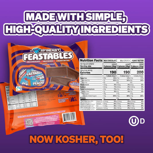 Feastables Mrbeast Halloween Candy Variety Pack With Milk Chocolate, Peanut Butter, & Milk Crunch Mini Bars, Trick or Treat Chocolate Bar Snacks or Party Favors, Fairtrade Cocoa, 12.69 Oz Bags, 4 Pack