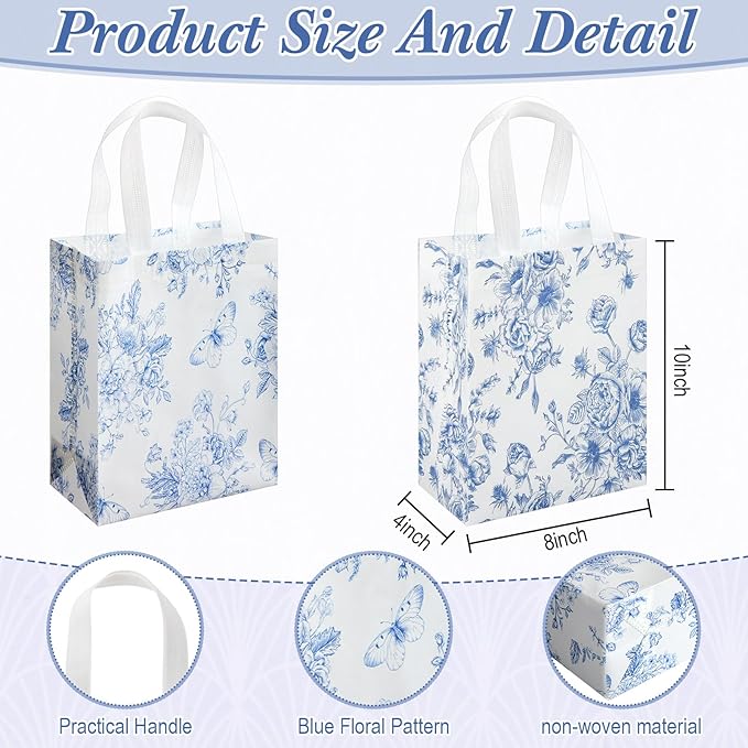 Wovnet 30 Pcs Blue Floral Gift Bags Bulk Reusable Non Woven Vintage Floral Tote Treat Goodie Candy Bags with Handles Spring Flowers Party Favors Pouch for Holiday Wedding Party Decor 10 x 8 x 4 Inch