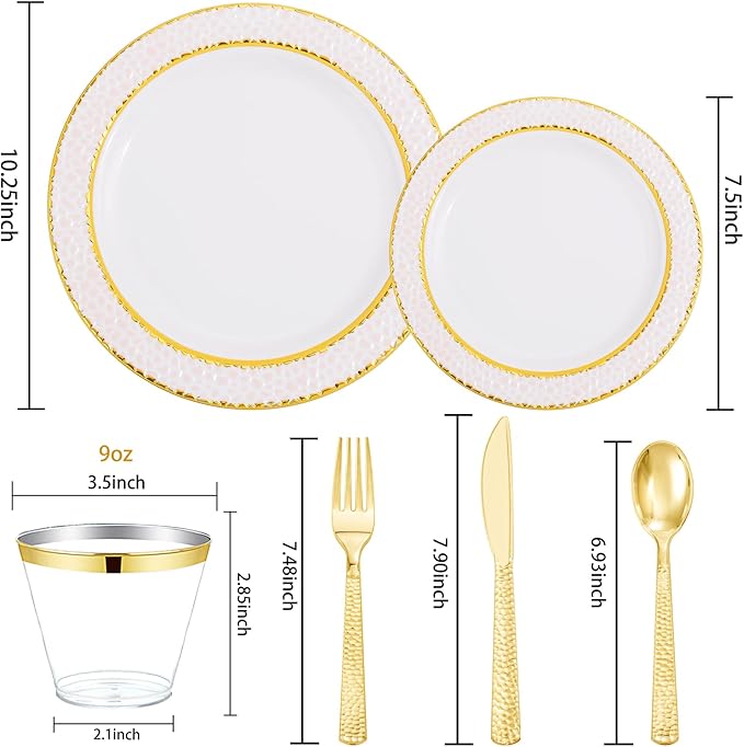 Ciaell 150PCS Pink Plastic Plates – Disposable Pink and Gold Plates Set include 50Plates, 25Forks, 25Knives, 25Spoons, 25Cups for Wedding & Party & Easter