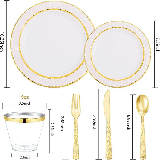 Ciaell 150PCS Pink Plastic Plates – Disposable Pink and Gold Plates Set include 50Plates, 25Forks, 25Knives, 25Spoons, 25Cups for Wedding & Party & Easter
