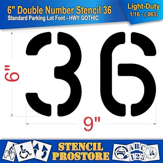 Pavement, Curb, and WheelStop Stencils - 6 inch Double Number Stencil - (36) - 6" x 9" x 1/16" (63 mil) - Light-Duty